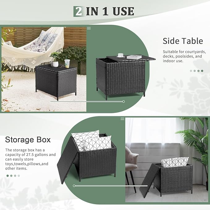 Outdoor PE Wicker Side Table with Storage, Patio Rattan End Table Square Container for Furniture Covers, Gardening Tools - Photo 5
