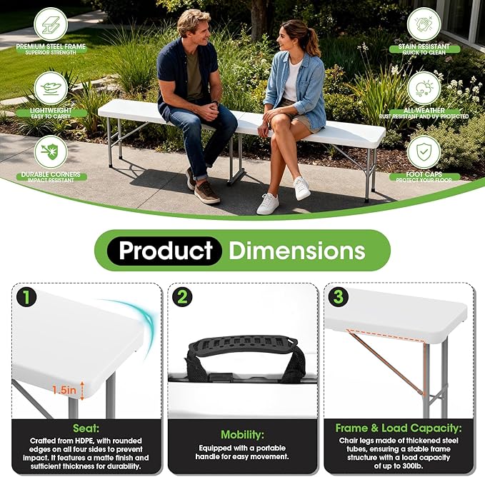HLPB Folding Bench 6 ft, Foldable Plastic Bench with Handle and Smooth HDPE Tabletop, Protable in/Outdoor Picnic Party Camping Dining Seat, 2 Pack, White