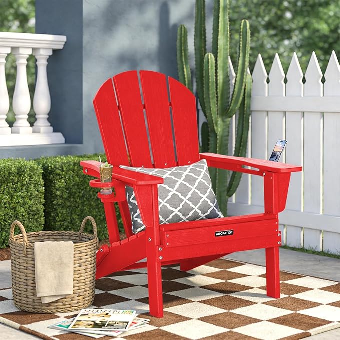 Folding Adirondack Chair with Dual Cup Holders, All-Weather HDPE Patio Chair Deck Chairs Outdoor, Fire Pit Chairs for Garden, Lawn, Poolside, Backyard, Pool - Red (Wood-Look)