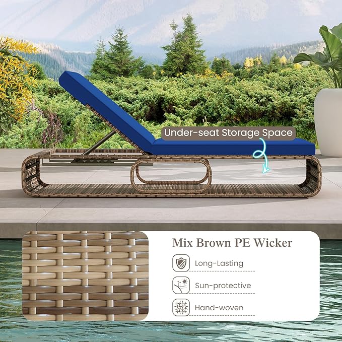 Tangkula Outdoor Chaise Lounge Chair, 7-Position PE Wicker Patio Reclining Sun Lounger with Adjustable Backrest, Cushion and Storage, Pool Sunbathing Recliner for Poolside, Backyard (1, Navy)