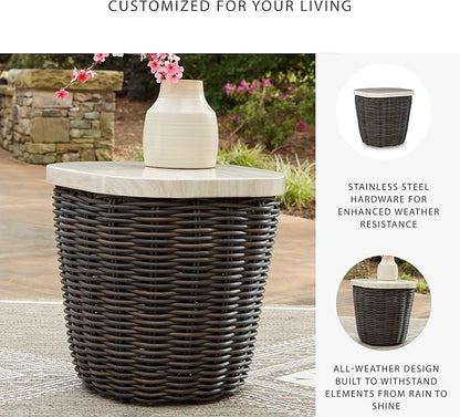 Signature Design by Ashley Kimora Cottage Faux Marble Pattern Tabletop Outdoor End Table with Pedestal Base, Dark Brown & Beige