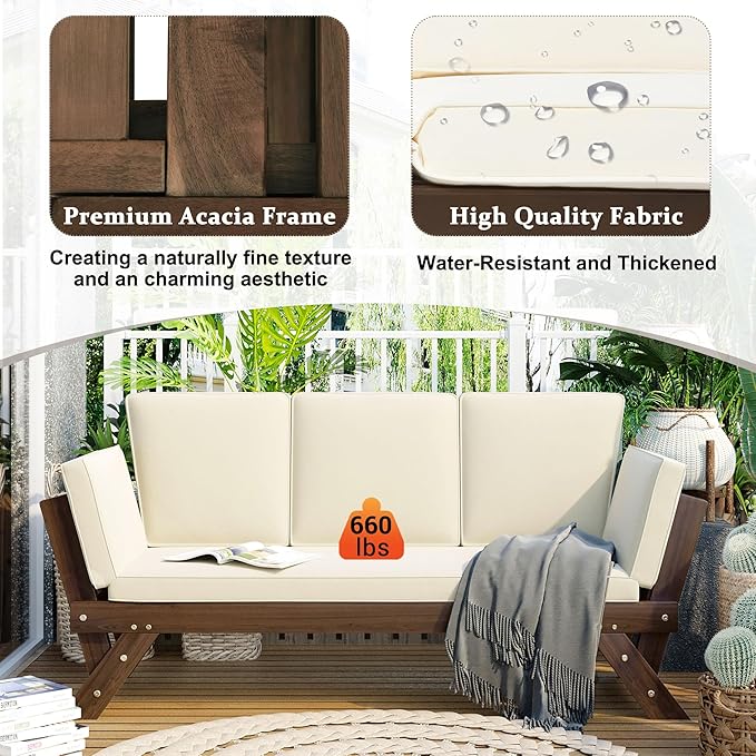 Merax Patio Sofa, Outdoor Adjustable Wooden Daybed, Chaise Lounge with Cushions, Beige