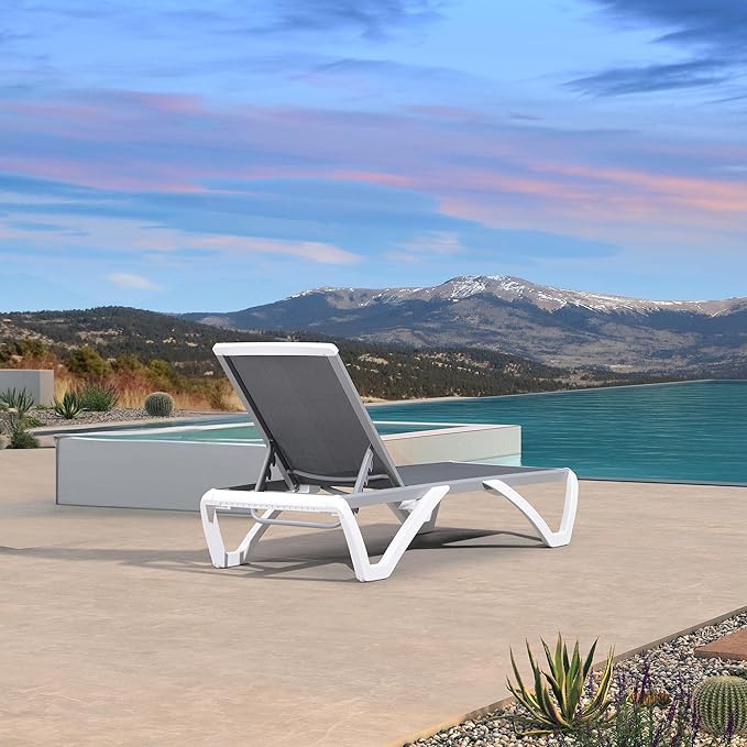 PURPLE LEAF Patio Chaise Lounge Chair Outside Aluminum Plastic Stackable Tanning Chairs for Pool Sunbathing Beach Deck Outdoor Lounger, Light Grey