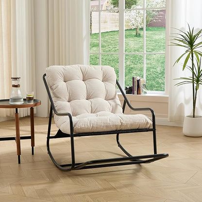 Rocking Chair with Foot Rest, Outdoor Indoor Rocking Lounge Chair with Cushion, Comfortable Patio Rocker Chairs for Patio, Porch, Garden, Living Room, Reading, Metal Frame, White