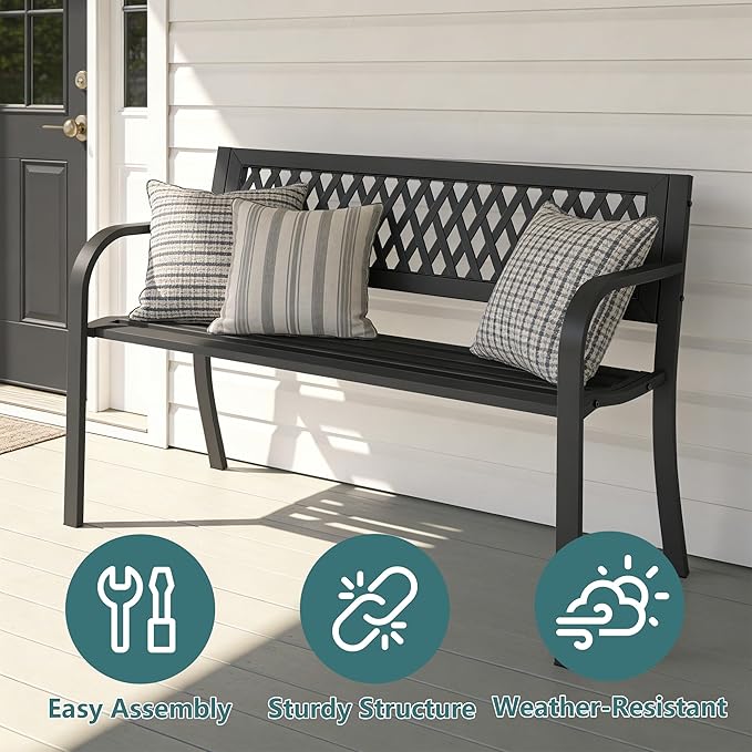 Outdoor Garden Bench, Weatherproof Metal Park Bench for Garden Lawn Porch Park Backyard, Sturdy Steel Patio Bench with Ergonomic Backrest for Front Porch Entryway Outside Seating, Black