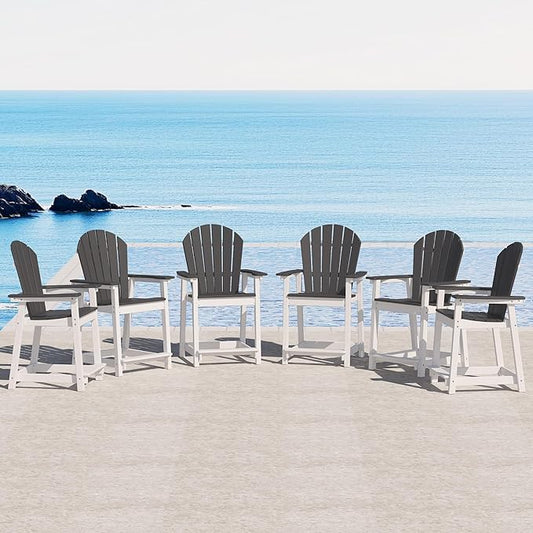 Tall Adirondack Chair Set of 6, Eco-Friendly Recycled Stylish Patio Bar Stools & Heavy Duty Lifeguard Chair, Perfect for High Top Table & Chairs on Your Balcony, Grey