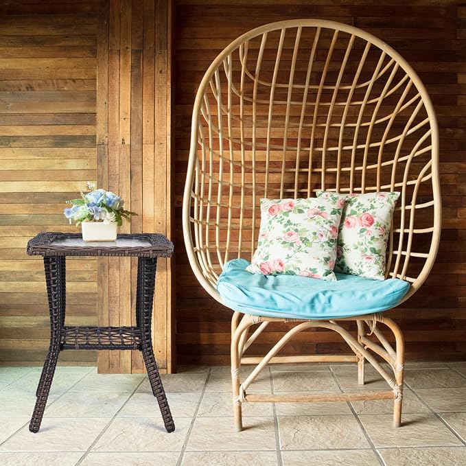 Henf Wicker Rattan Side Table Outdoor Square End Table Coffee Table with Glass Top, Patio Wicker Garden Side Table Small End Table with Storage for Patio Courtyard Balcony