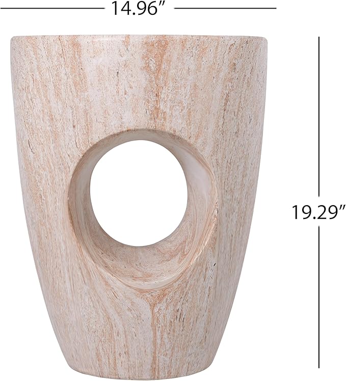 Merax 19.29" H Modern Round MgO Side Table with Cutout Accent, Faux Marble Outdoor Garden Stool & Indoor End Table, Weather Resistant Decorative Accent Table, No Assembly Required, Beige Marble