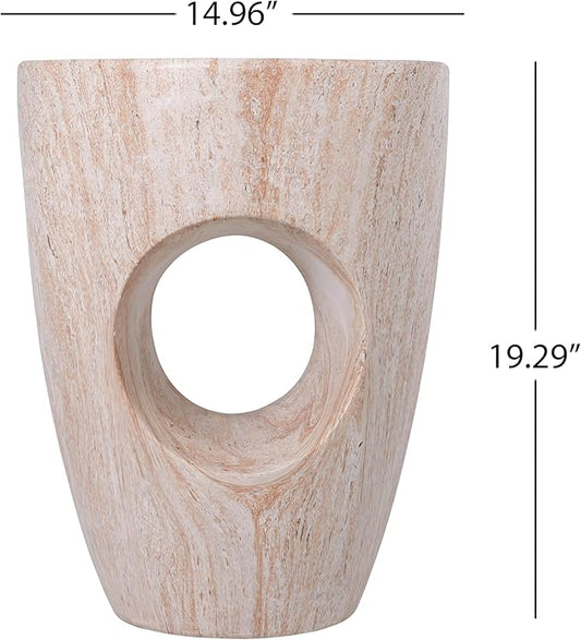 Merax 19.29" H Modern Round MgO Side Table with Cutout Accent, Faux Marble Outdoor Garden Stool & Indoor End Table, Weather Resistant Decorative Accent Table, No Assembly Required, Beige Marble