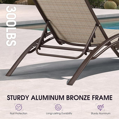 PURPLE LEAF Outdoor Chaise Lounge Chair Set of 3 Patio Pool Lounger Bronze Aluminum Chairs with Side Table Adjustable Tanning Recliner for Outside Backyard Yard Deck Balcony Beach Khaki