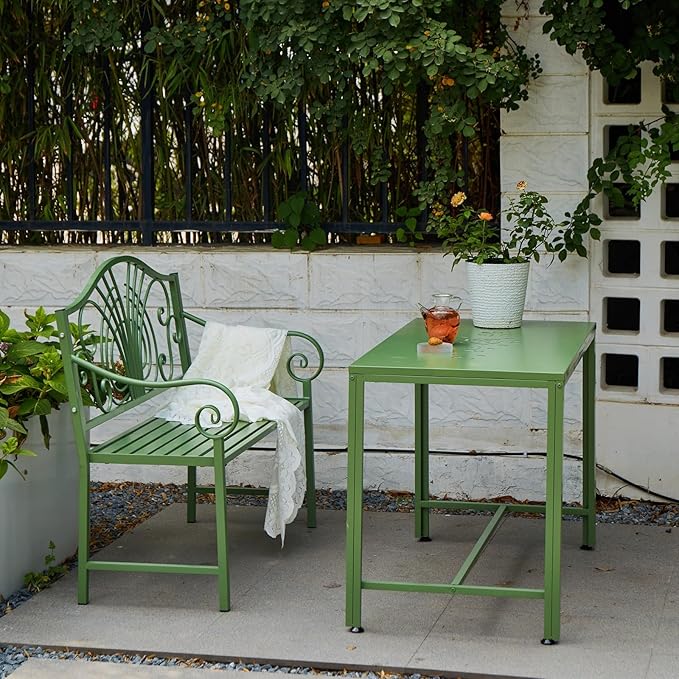 Green Metal Garden Bench, Outdoor Patio Bench with Elegant Backrest Design, Weather Resistant, 2-Person Seating, for Lawn, Park, Patio, Max Load 660 LBS