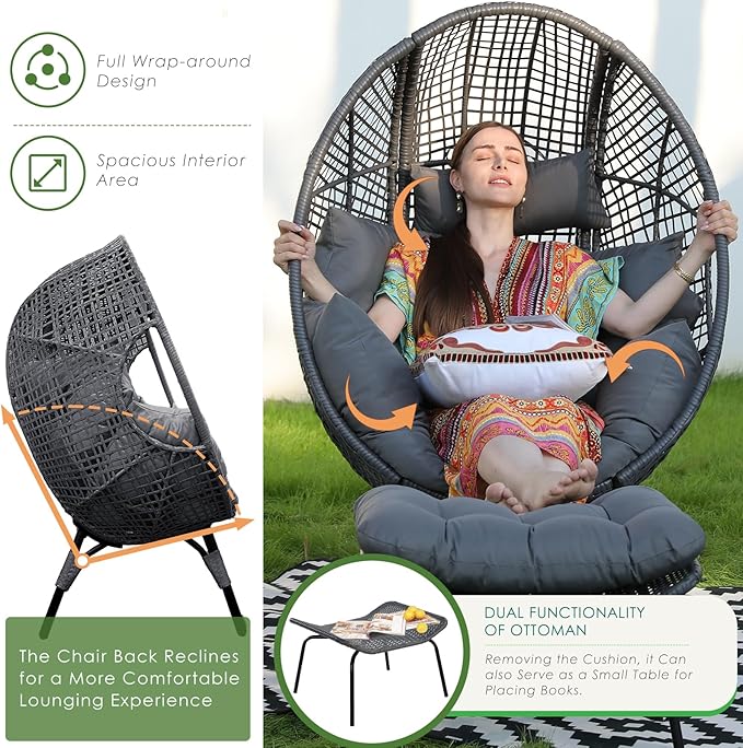 NICESOUL Patio Egg Chair with Ottoman, Indoor Outdoor Egg-Shell Lounge Chair, Cozy Oversized Round Circle Chair - Photo 6