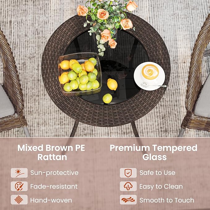 Tangkula 25.5" Wicker Patio Dining Table, Outdoor Round Bistro Side Table with Tempered Glass Top and Storage Shelf - Photo 6