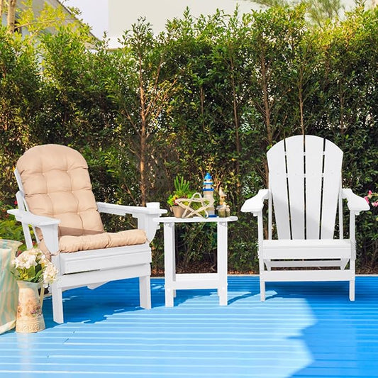 Oversized Adirondack Chair with Cushion & Cup Holder, HDPE Weather Resistant Folding Adirondack Chair for Adults, Outdoor Fire Pit Chairs for Patio/Porch/Swimming Pool/Garden (1, White)