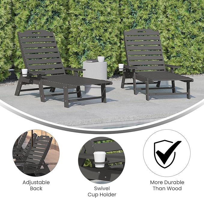 Flash Furniture Monterey Adjustable Adirondack Loungers with Cup Holders- All-Weather Indoor/Outdoor HDPE Lounge Chairs, Set of 2, Gray