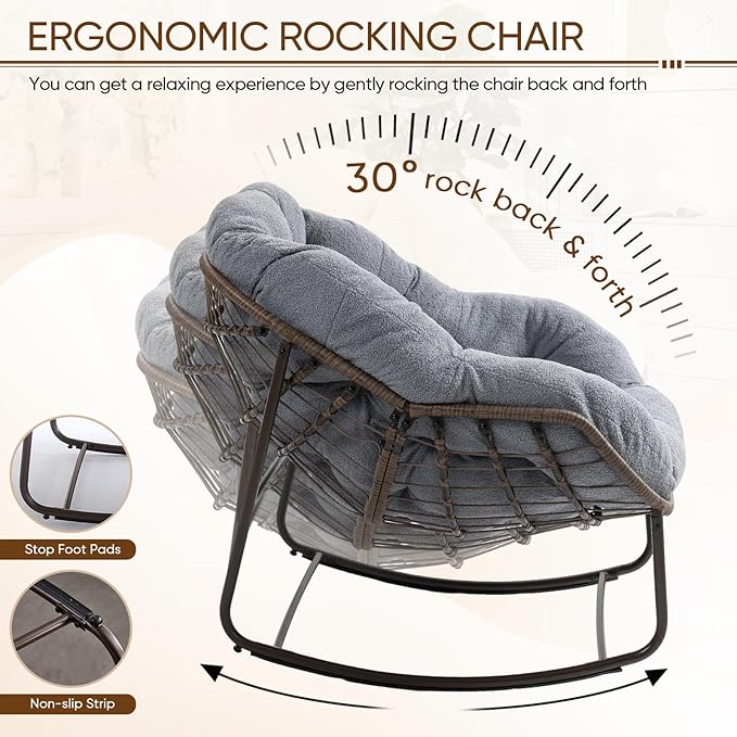 Large Indoor Rocking Chair, Oversized Rocking Papasan Chair with Thick Cushion and Frame,Comfy Teddy Rocker Wicker Egg Chairs Lounge Reading Chair for Living Room, Bedroom, Apartment, Dark Grey