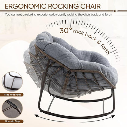 Large Indoor Rocking Chair, Oversized Rocking Papasan Chair with Thick Cushion and Frame,Comfy Teddy Rocker Wicker Egg Chairs Lounge Reading Chair for Living Room, Bedroom, Apartment, Dark Grey
