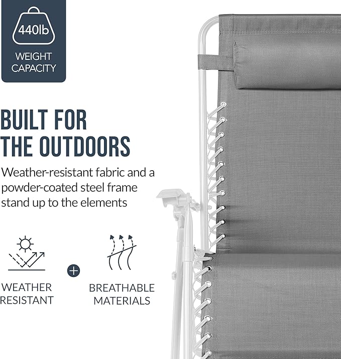 Best Choice Products Set of 2 Extra Wide Adjustable Steel Mesh Zero Gravity Lounge Chair Recliners w/Pillows and Cup Holder Trays - Ice Gray/White