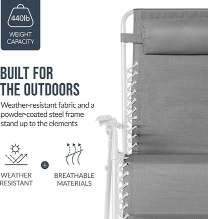 Best Choice Products Set of 2 Extra Wide Adjustable Steel Mesh Zero Gravity Lounge Chair Recliners w/Pillows and Cup Holder Trays - Ice Gray/White
