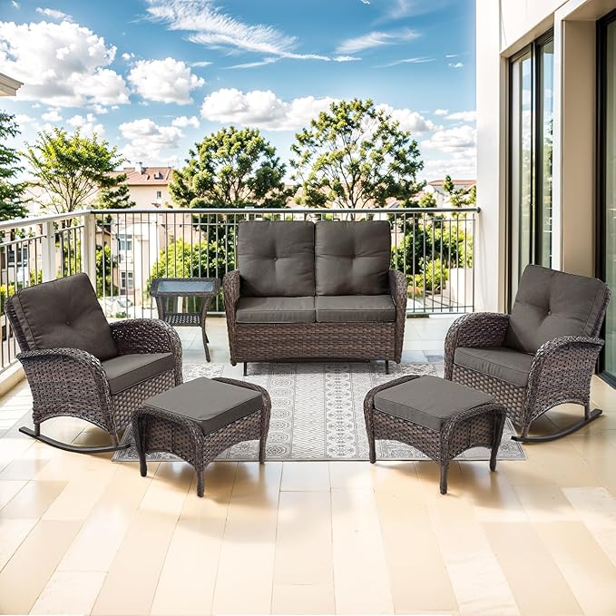 Patio Rocking Chair - 6 Peices Outdoor Wicker Rocker Porch Chair Set with A Rocking Loveseat, Tempered Glass Side Table, and 2 Ottoman, Rattan Seating for Balcony Garden Brown/Grey