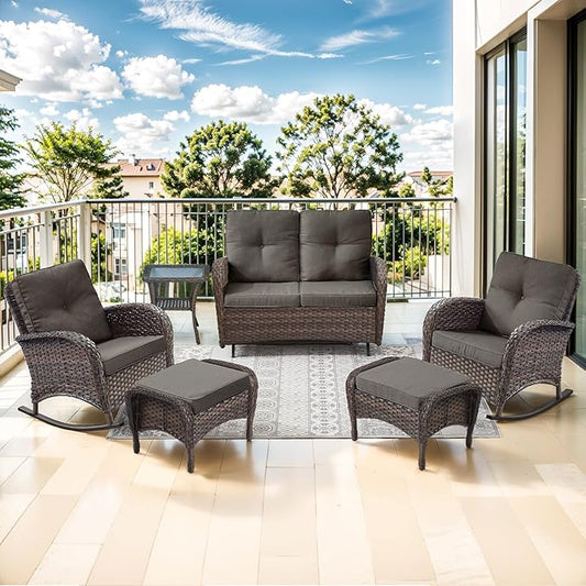 Patio Rocking Chair - 6 Peices Outdoor Wicker Rocker Porch Chair Set with A Rocking Loveseat, Tempered Glass Side Table, and 2 Ottoman, Rattan Seating for Balcony Garden Brown/Grey
