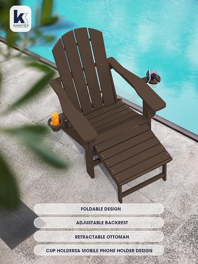 KINGYES Folding Adjustable Adirondack Chair with Ottoman & 2 Cup Holders, HDPE Adirondack Recliner Chair with Footrest - Photo 5
