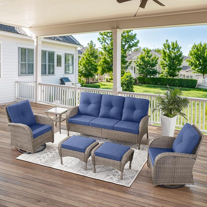 Belord Outdoor Patio Furniture - Wicker Sofa with Removable Cushion, 3 Seater Rattan Couch with Deep Seat, High Backrest, All-Weather for Balcony, Deck, Backyard, Gray/Blue