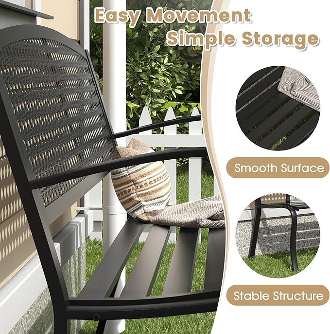 VICLLAX Outdoor Garden Bench, Metal Frame Patio Bench with Twist Circle Design Backrest for Porch Yard Lawn Deck, Black