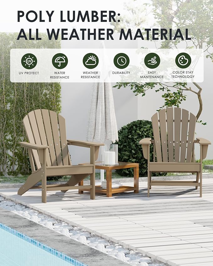 Poly Lumber Adirondack Chair Set of 2, HDPE All-Weather Resistant Outdoor Patio Chairs, Pre-Assembled Outdoor Fire Pit Chair for Pool, Deck, Backyard, Garden, Weather Wood