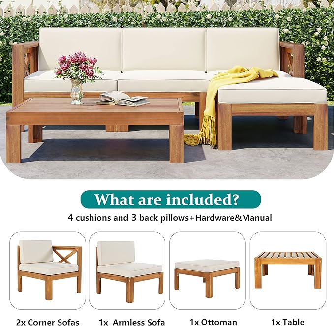 Outdoor Backyard Patio Wood 5-Piece Sectional Sofa Seating Group Set with Cushions, Natural Finish+ Beige Cushions - Photo 6