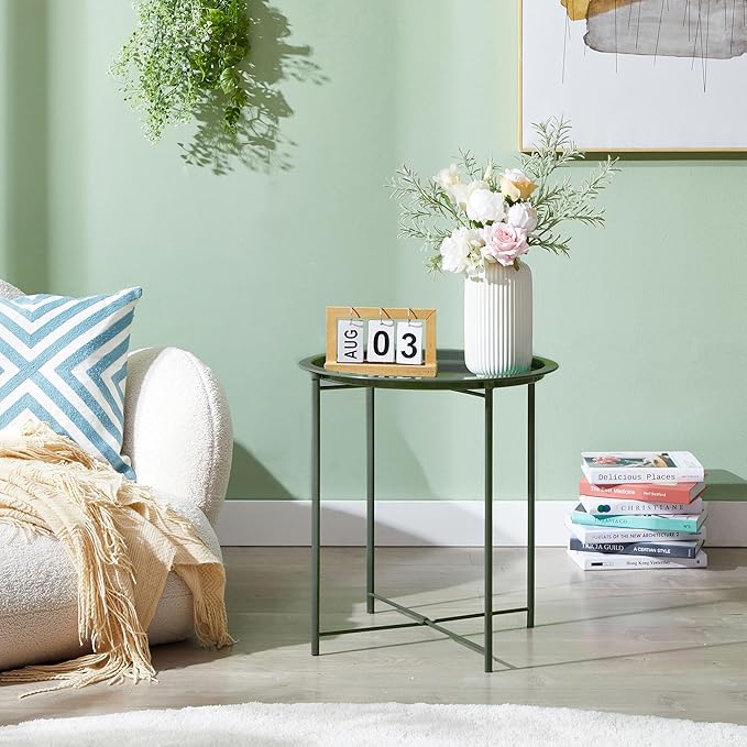 VECELO Side/End Table, Folding Round Metal Anti-Rust and Waterproof Outdoor or Indoor Tray for Living Room Bedroom - Photo 2