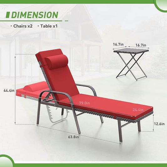 Kurapika Patio Chaise Lounge Set 3 Pieces Outdoor Lounge Chair, Rattan Reclining Chair Adjustable Backrest, Pool Sunbathing Recliners with Folding Table for Poolside Beach, Red