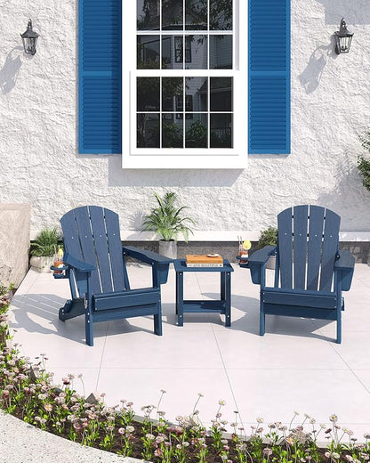 Garvee Folding Adirondack Chair Set of 6, HDPE Outdoor Patio Chair with Cup Holder, All Weather Resistent Wooden Textured for patios, Decks, Gardens, fire Pit, Navy Blue
