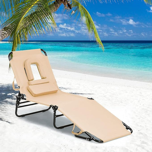GYMAX Beach Lounge Chair, Sunbathing Chair Patio Lounge Chair Folding Adjustable Recliner with Hole for Face (1, Sand)