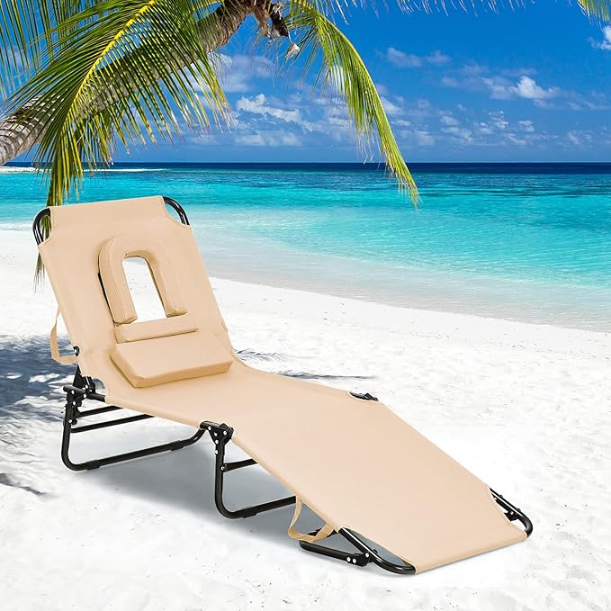 GYMAX Beach Lounge Chair, Sunbathing Chair Patio Lounge Chair Folding Adjustable Recliner with Hole for Face