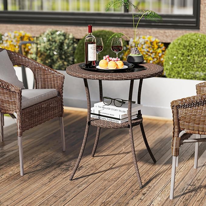 Tangkula 25 inch Patio Wicker Coffee Table Outdoor Backyard Lawn Balcony Pool Round Tempered Glass Top Rattan Steel - Photo 5