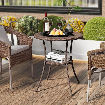 Tangkula 25 inch Patio Wicker Coffee Table Outdoor Backyard Lawn Balcony Pool Round Tempered Glass Top Rattan Steel Frame Side Table Furniture W/Storage Shelf, Brown