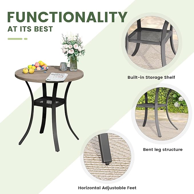 Outdoor Dining Table with Storage Shelf, 28" All-Weather Round Patio Dining Table for 2, Metal Patio Table for Garden Lawn Porch Deck Yard, Grey