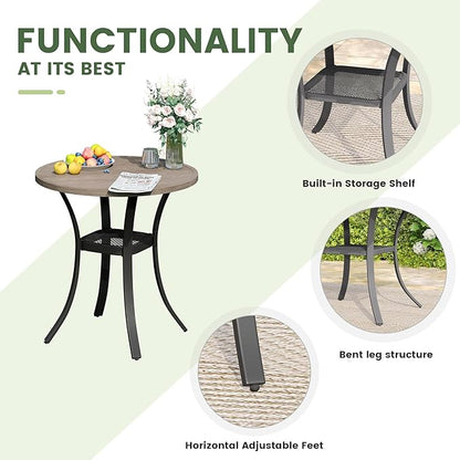 Outdoor Dining Table with Storage Shelf, 28" All-Weather Round Patio Dining Table for 2, Metal Patio Table for Garden Lawn Porch Deck Yard, Grey