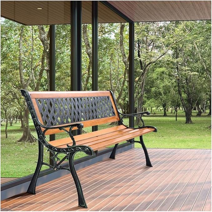 Cast Iron Patio Bench Outdoor - 49.5" Garden Bench for 3 Adults - Black Metal Bench with Wood Seat - Heavy Duty 463 lbs Capacity