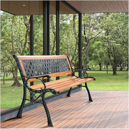 Cast Iron Patio Bench Outdoor - 49.5" Garden Bench for 3 Adults - Black Metal Bench with Wood Seat - Heavy Duty 463 lbs Capacity