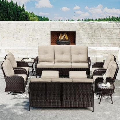 Joyside Wicker Patio Furniture Set, 10 Piece Outdoor Furniture Set with Thickened Cushions, High Back, Deep Seating, Wide Armrest, Outdoor Swivel Rocker Chairs for Porch, Deck