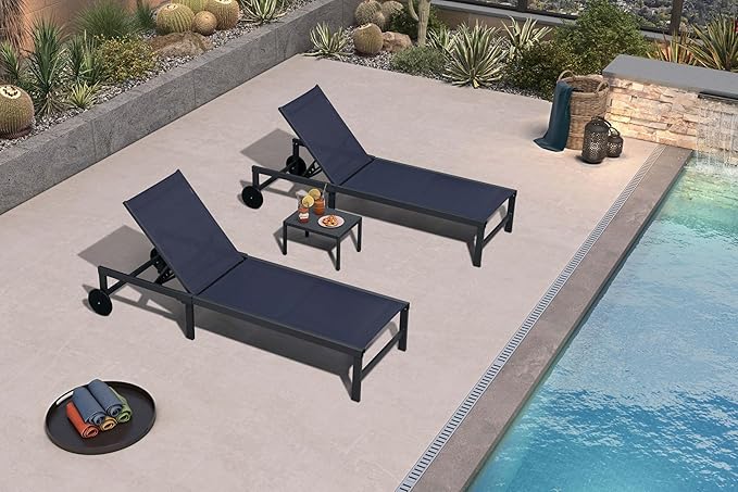 PURPLE LEAF Outdoor Chaise Lounge Chairs Set Recliner Aluminum Adjustable Chair with Wheels and Side Table for Poolside Beach Patio Sunbathing Lounger, Navy Blue