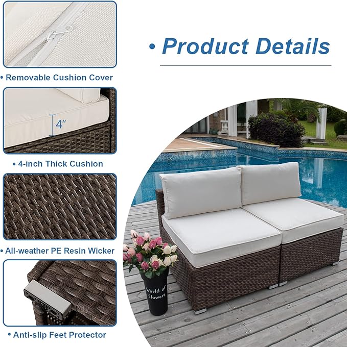 COSIEST 2-Piece Outdoor Furniture Add-on Armless Chairs for Expanding Wicker Sectional Sofa Set w Off White Thick - Photo 4