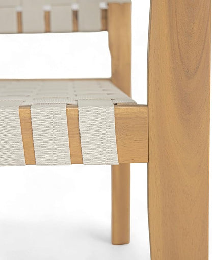Merax Patio Furniture Acacia Wood Bench, Woven Rope Outdoor Loveseat Sofa, 2-Person Deep Seating Porch Bench for Garden, Backyard Park Balcony, Light Teak Finish & White