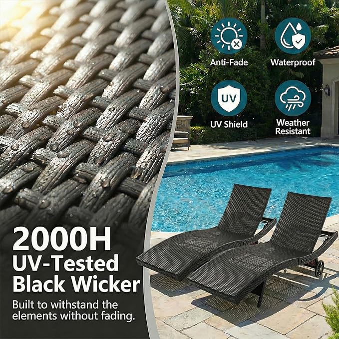 Wicker Outdoor Lounge Chairs with Rolling Wheels, Pool Lounge Chairs Set of 2 - Photo 5