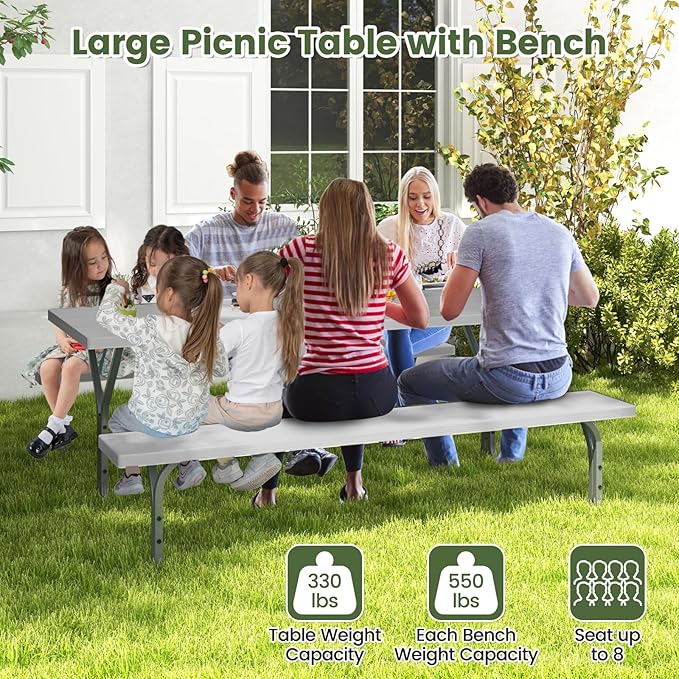 Giantex 6FT Picnic Table Bench Set Outdoor Camping All Weather Metal Base Wood-Like Texture Backyard Poolside Dining Party Garden Patio Lawn Deck Furniture Large Camping Picnic Tables for Adult, Grey