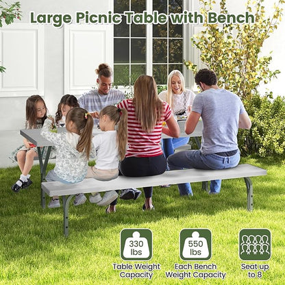 Giantex 6FT Picnic Table Bench Set Outdoor Camping All Weather Metal Base Wood-Like Texture Backyard Poolside Dining Party Garden Patio Lawn Deck Furniture Large Camping Picnic Tables for Adult, Grey
