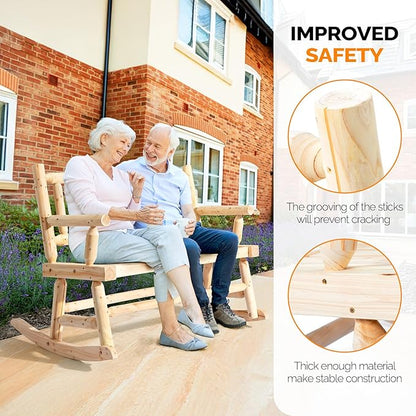 VINGLI Fir Wood Double Rocking Chair for Porch & Garden - 550lb Capacity Weather-Resistant Outdoor Loveseat with High Backrest, Patio Rocker for Backyard, Deck, Natural