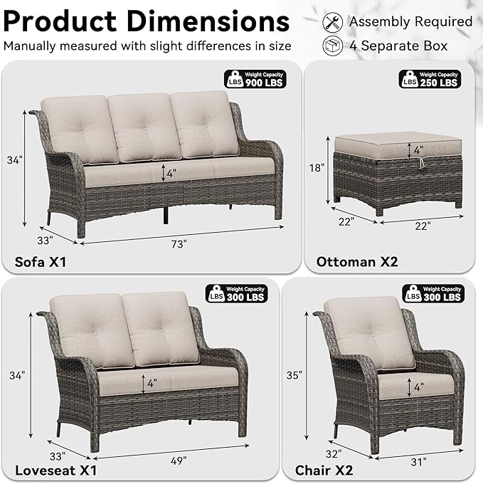 6 Piece Outdoor Wicker Patio Furniture Set, Patio Chairs Set with Thickened Olefin Cushions, High Back and Deep Seating - Photo 2